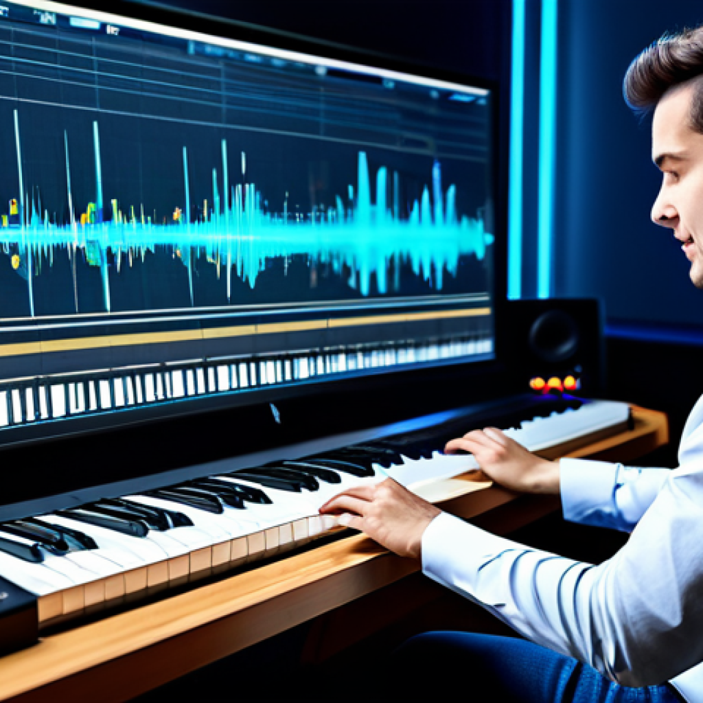 AI 작곡  인간과 기계의 협력 - AI-Assisted Musician**

"A professional musician in a modern recording studio, composing music with ...