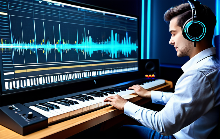 AI 작곡  인간과 기계의 협력 - AI-Assisted Musician**

"A professional musician in a modern recording studio, composing music with ...