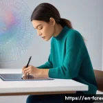 Home 22 창작과 인공지능의 융합 - A focused female digital artist, in her late 20s, with a stylish yet modest casual outfit (e.g., a m...