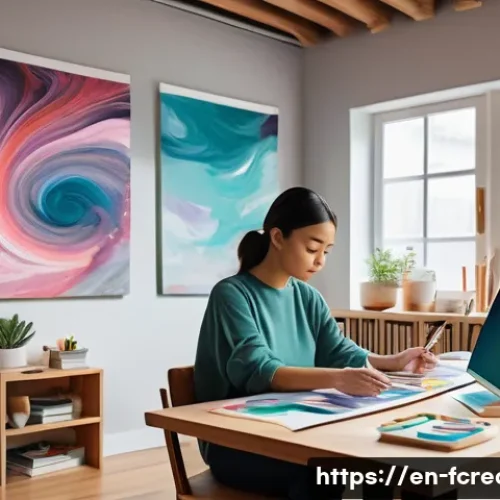 Home 33 AI가 만든 예술 작품의 가치 - A modern artist’s studio blending traditional and AI-assisted creation: a diverse young artist seate...