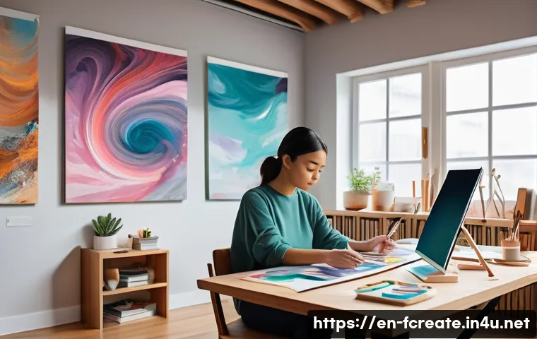 AI가 만든 예술 작품의 가치 - A modern artist&rsquo;s studio blending traditional and AI-assisted creation: a diverse young artist seate...