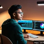 Home 19 디지털 미디어와 창작자의 관계 변화 - A vibrant digital creator’s workspace featuring a young adult wearing casual clothes and stylish gla...