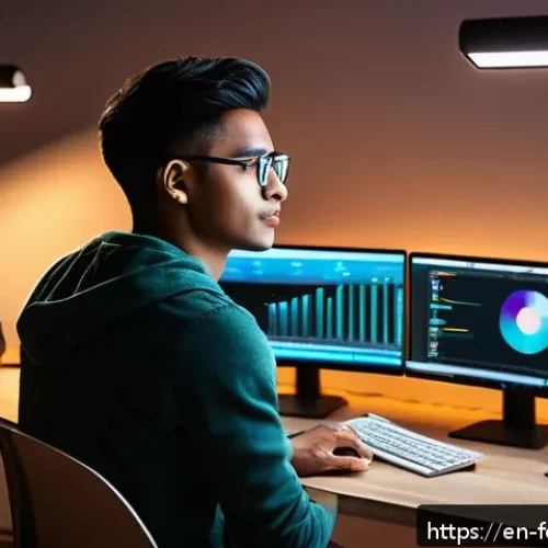 Home 31 디지털 미디어와 창작자의 관계 변화 - A vibrant digital creator’s workspace featuring a young adult wearing casual clothes and stylish gla...