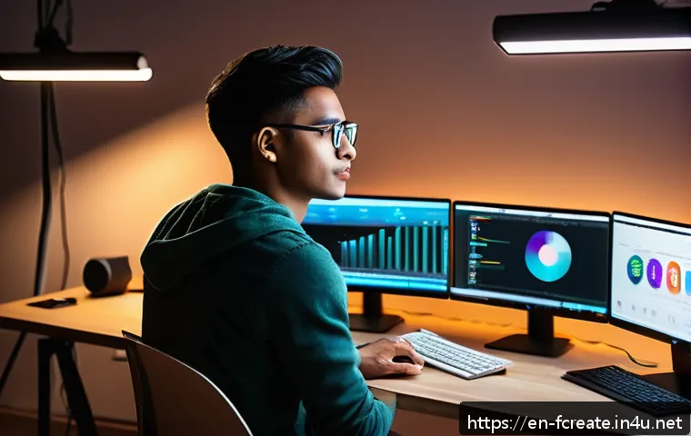 디지털 미디어와 창작자의 관계 변화 - A vibrant digital creator&rsquo;s workspace featuring a young adult wearing casual clothes and stylish gla...