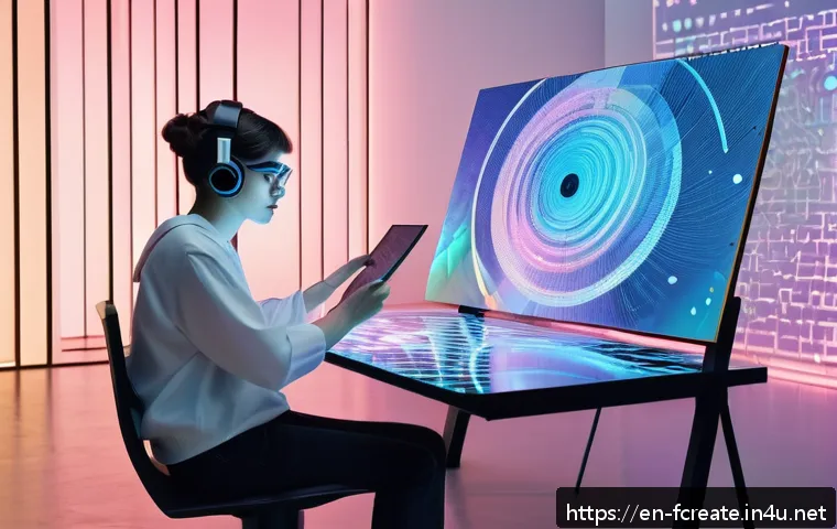 AI로 복제된 예술과 창작 - A futuristic art studio scene showing a young artist collaborating with an AI holographic interface;...