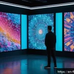 Home 23 크리에이티브 AI와 감성 창작 - A futuristic digital artist’s studio blending human creativity and AI technology: a diverse group of...