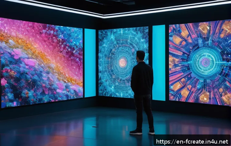 크리에이티브 AI와 감성 창작 - A futuristic digital artist&rsquo;s studio blending human creativity and AI technology: a diverse group of...
