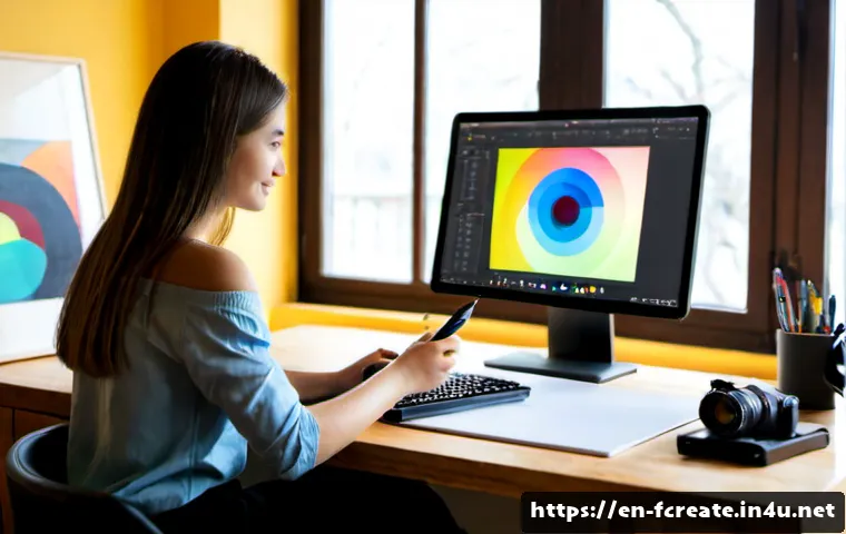 Home 17 디지털 시대의 창작과 기술 - Photorealistic modern home studio, diverse young adult digital artist using a stylus on a large pen ...